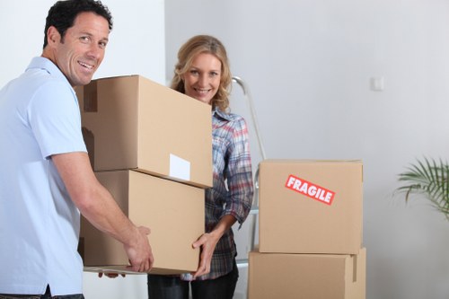 Specialist movers transporting heavy items with protective gear
